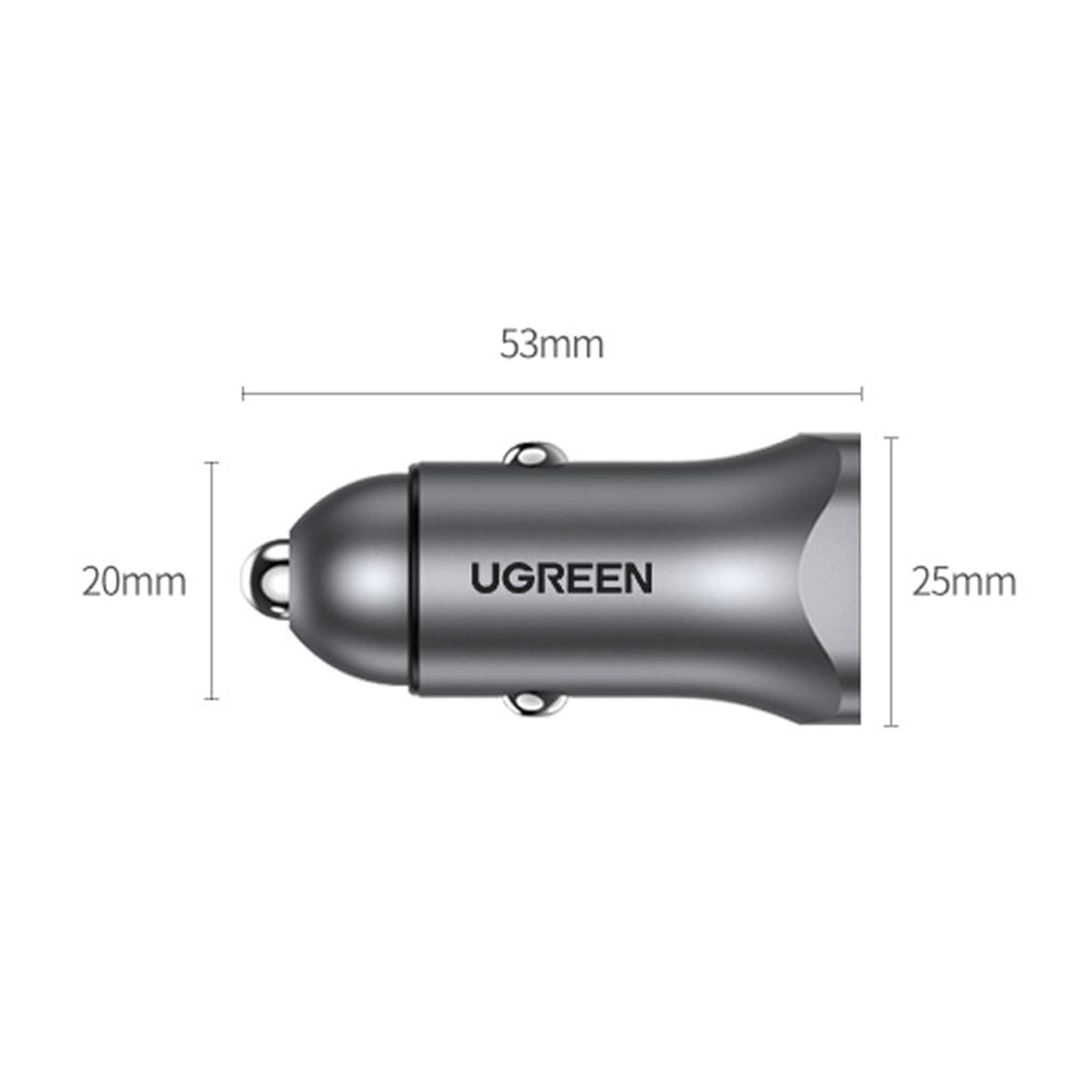 Auto punjač UGREEN CD130, 24W, 3A, 1 x USB-A - 1 x USB-C, Sivi