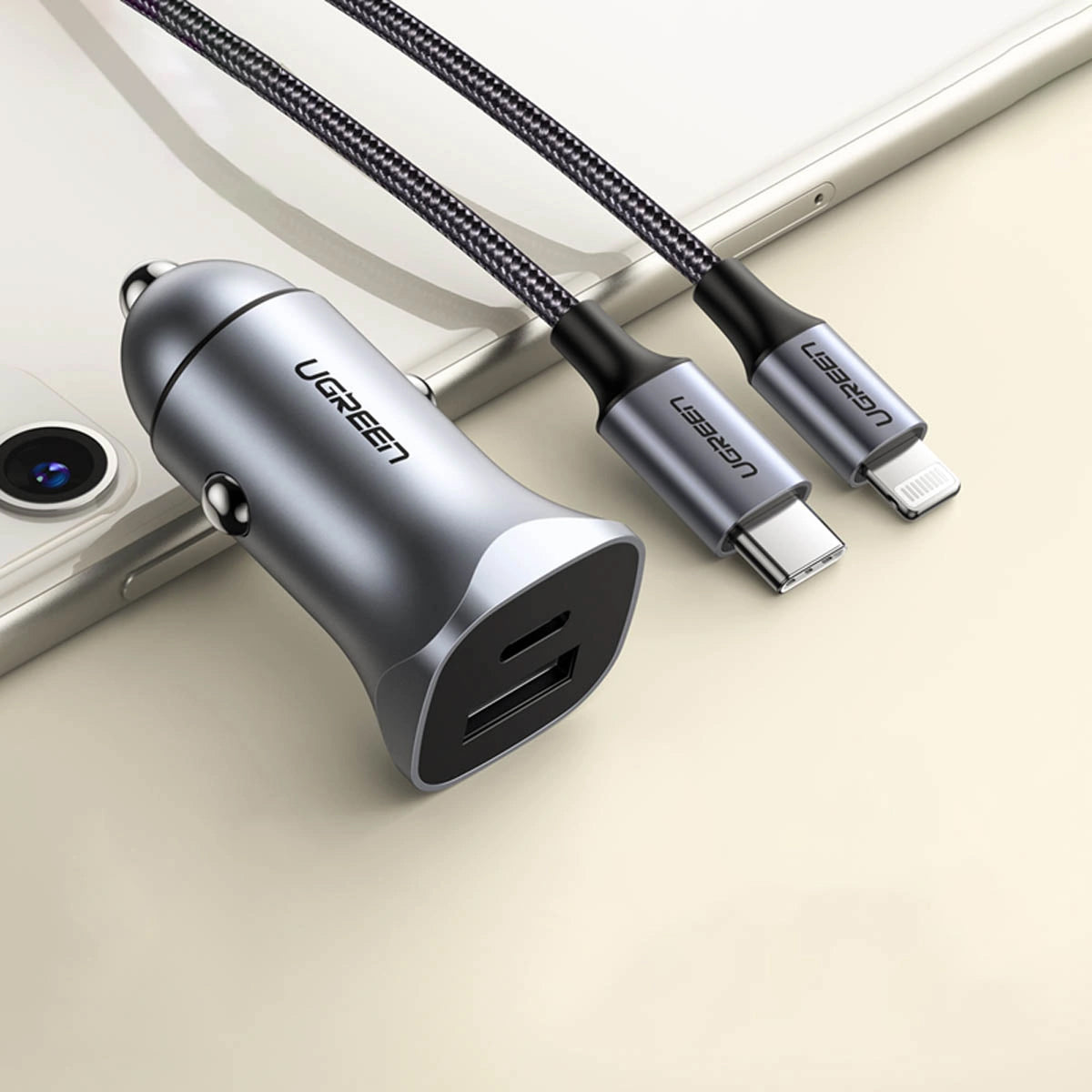 Car Charger UGREEN CD130, 30W, 3A, 1 x USB-A - 1 x USB-C, Grey 