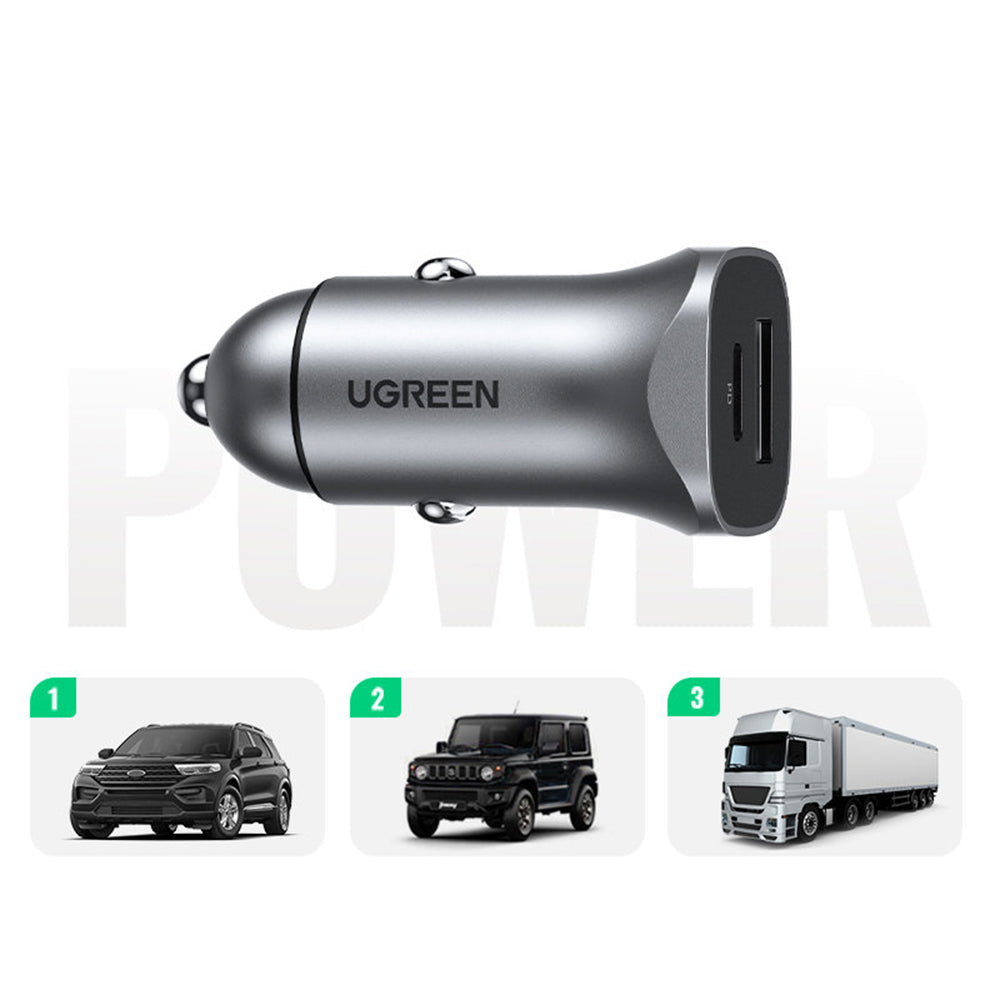 Auto punjač UGREEN CD130, 24W, 3A, 1 x USB-A - 1 x USB-C, Sivi