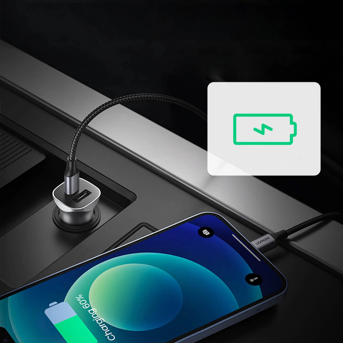 Car Charger UGREEN CD130, 30W, 3A, 1 x USB-A - 1 x USB-C, Grey 
