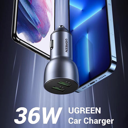 Auto punjač UGREEN CD213, 36W, 3A, 2 x USB-A, Sivi