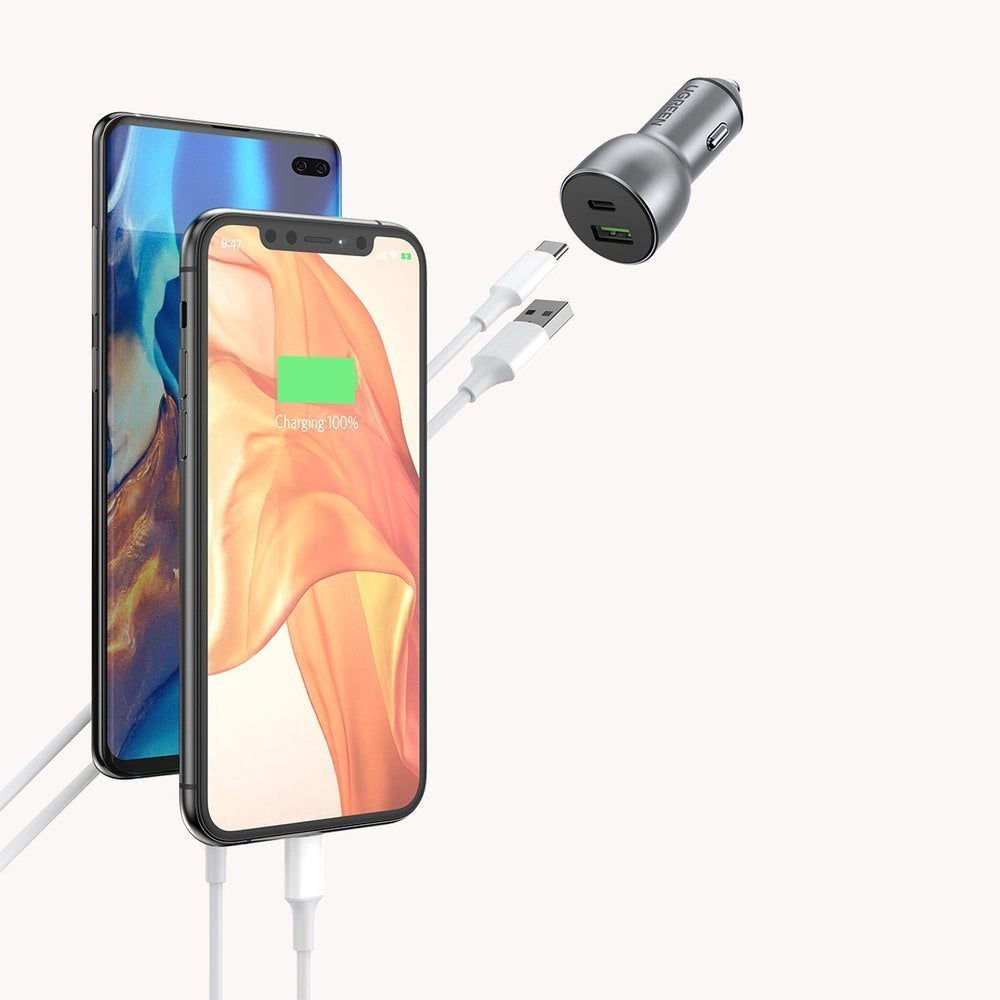 Auto punjač UGREEN CD213, 36W, 3A, 1 x USB-A - 1 x USB-C, Sivi