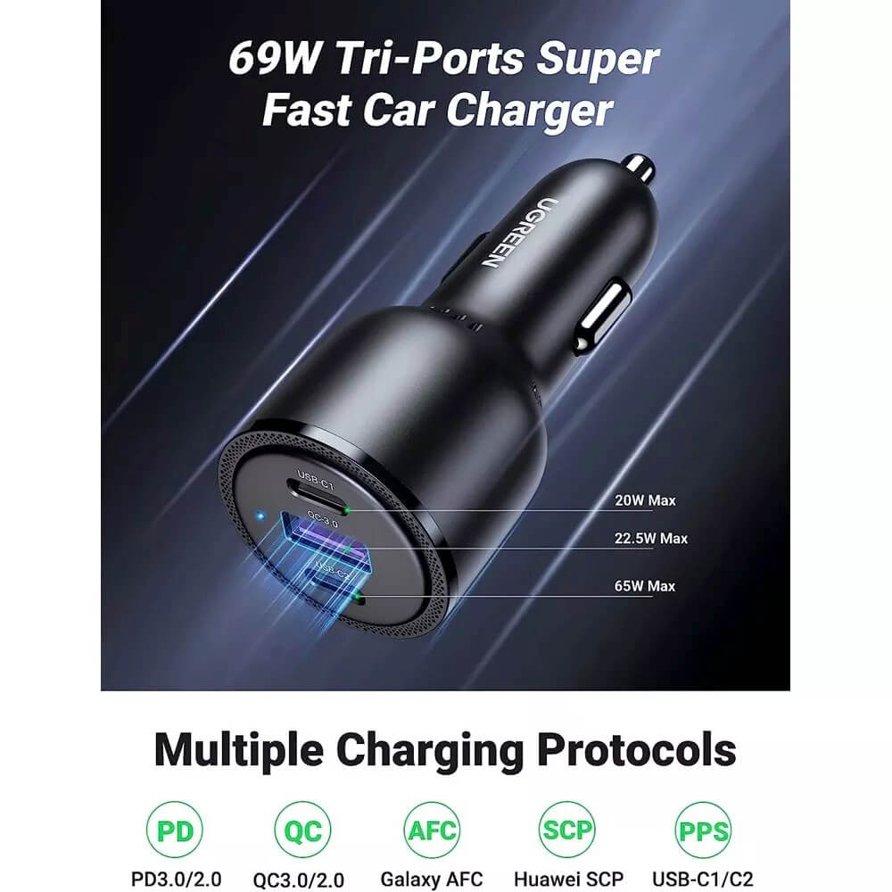 UGREEN CD239 Car Charger, 69W, 3.25A, 1 x USB-A - 2 x USB-C, Black 