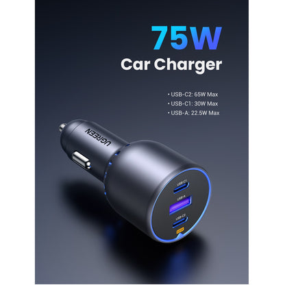Car Charger UGREEN EC703, 75W, 3.25A, 1 x USB-A - 2 x USB-C, Black 