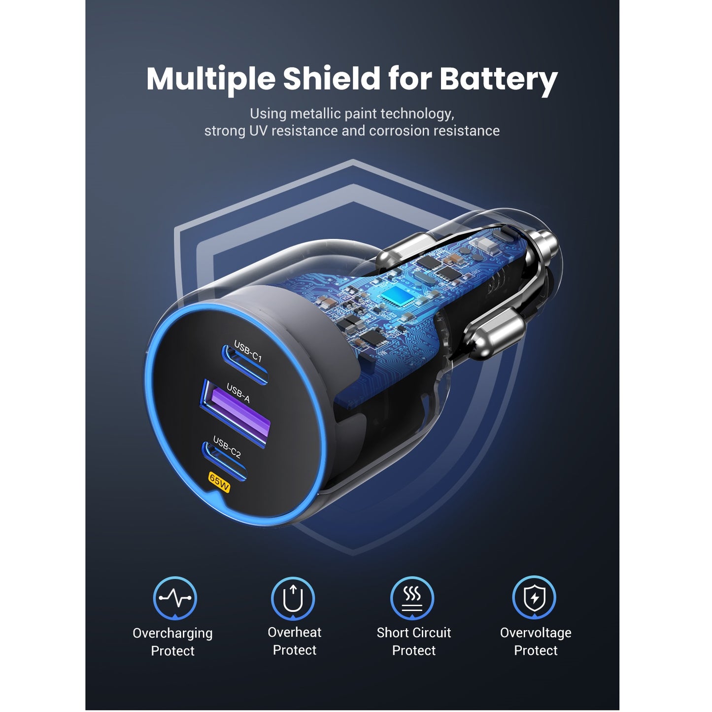 Car Charger UGREEN EC703, 75W, 3.25A, 1 x USB-A - 2 x USB-C, Black 