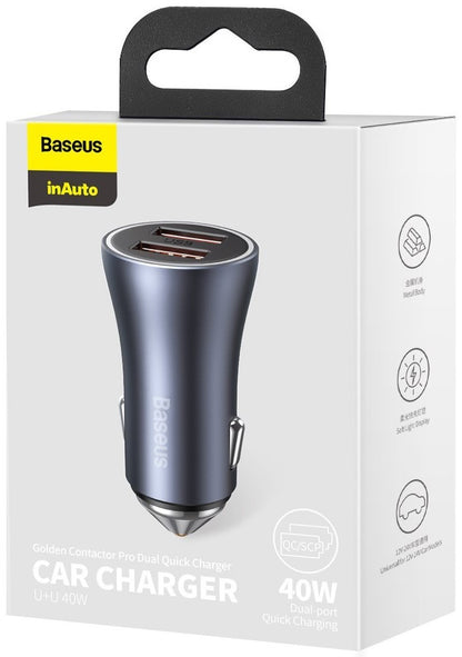 Auto punjač Baseus Golden Contactor Pro Dual, 40W, 3A, 2 x USB-A, Sivi CCJD-A0G