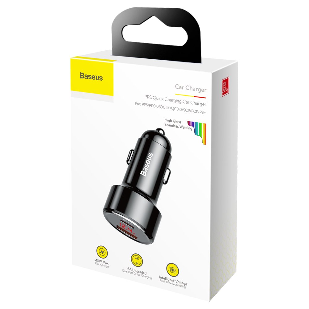 Car Charger Baseus Magic Display Series, 45W, 6A, 1 x USB-A - 1 x USB-C, Black CCMLC20C-01 