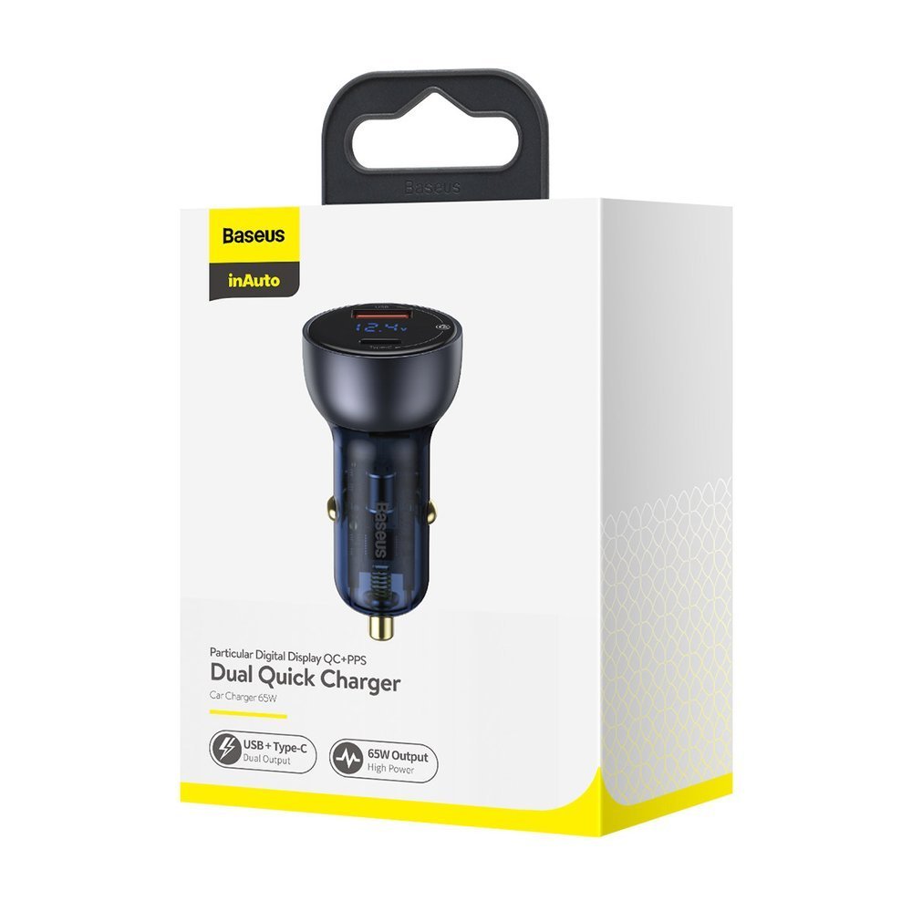 Auto punjač Baseus, 65W, 5A, 1 x USB-A - 1 x USB-C, Sivi CCKX-C0G