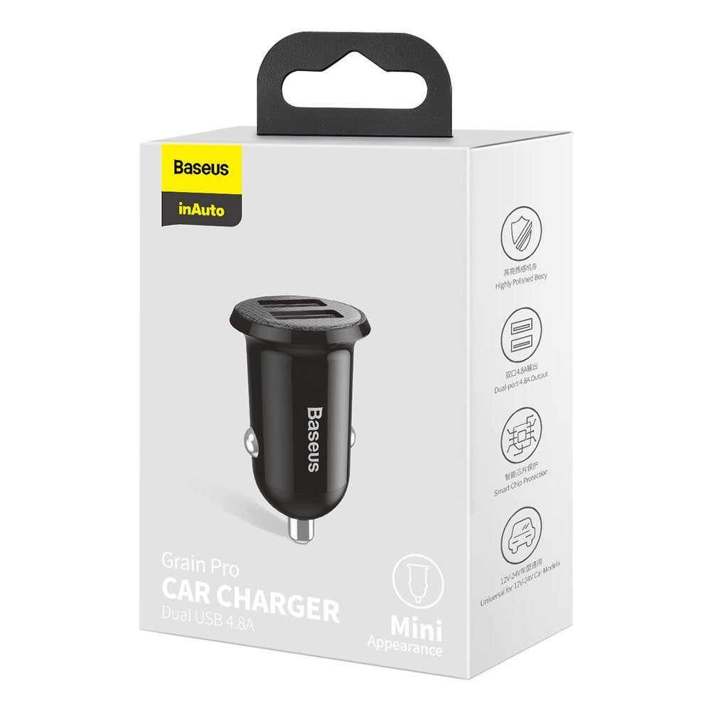 Auto punjač Baseus Grain Pro, 24W, 2.4A, 2 x USB-A, Crni CCALLP-01