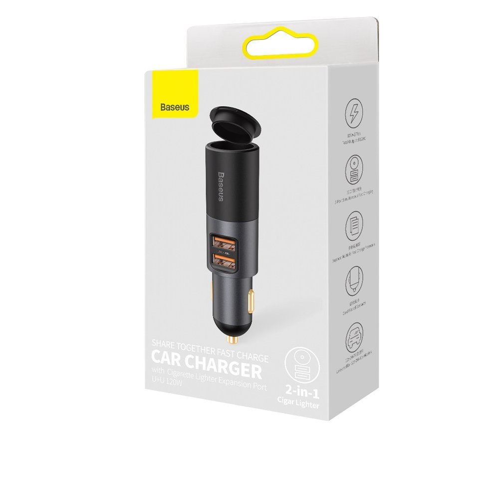 Auto punjač Baseus Share Together, 120W, 3A, 1 x produžetak za upaljač - 2 x USB-A, Crni CCBT-D0G