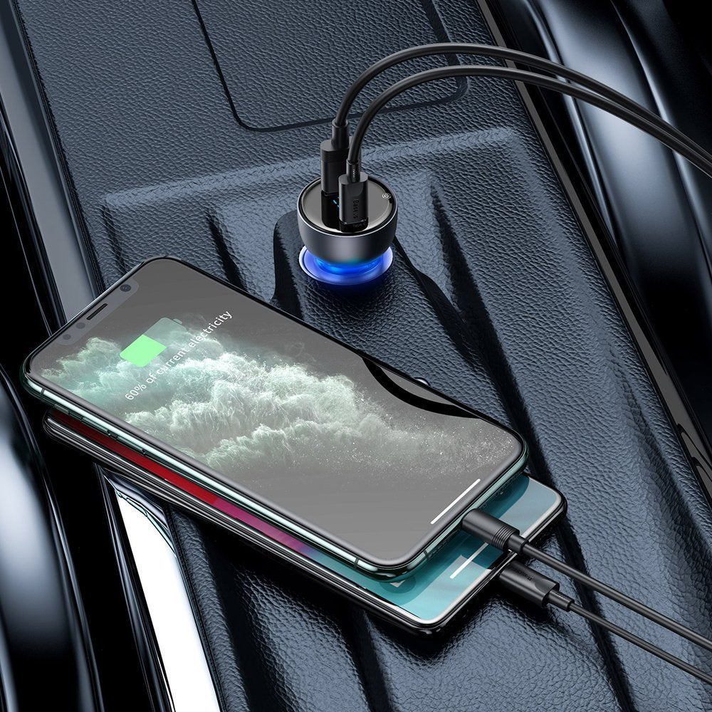 Auto punjač Baseus, 65W, 5A, 1 x USB-A - 1 x USB-C, Sivi CCKX-C0A