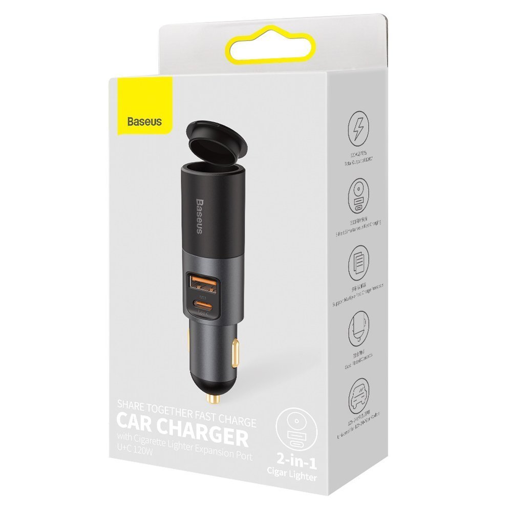 Car Charger Baseus Share Together, 120W, 3A, 1 x Cigarette Lighter Extension - 1 x USB-A - 1 x USB-C, Grey CCBT-C0G 