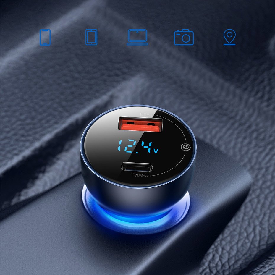 Auto punjač Baseus, 65W, 5A, 1 x USB-A - 1 x USB-C, Sivi CCKX-C0A
