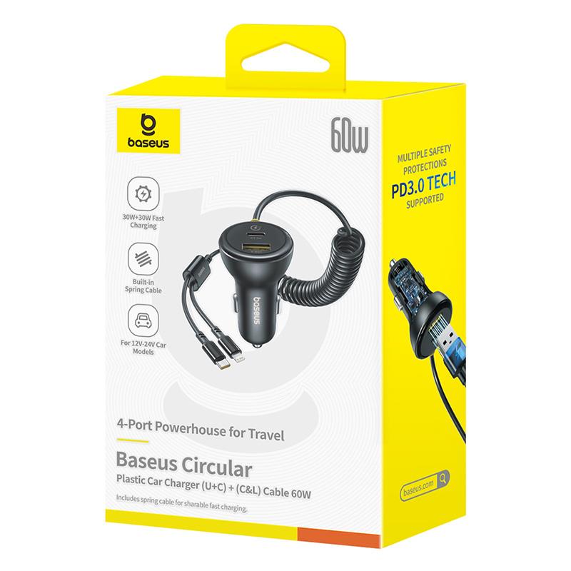 Auto punjač sa USB-C / Lightning kablom Baseus Circular, 60W, 3A, 1 x USB-A - 1 x USB-C, Crni C00035902121-00