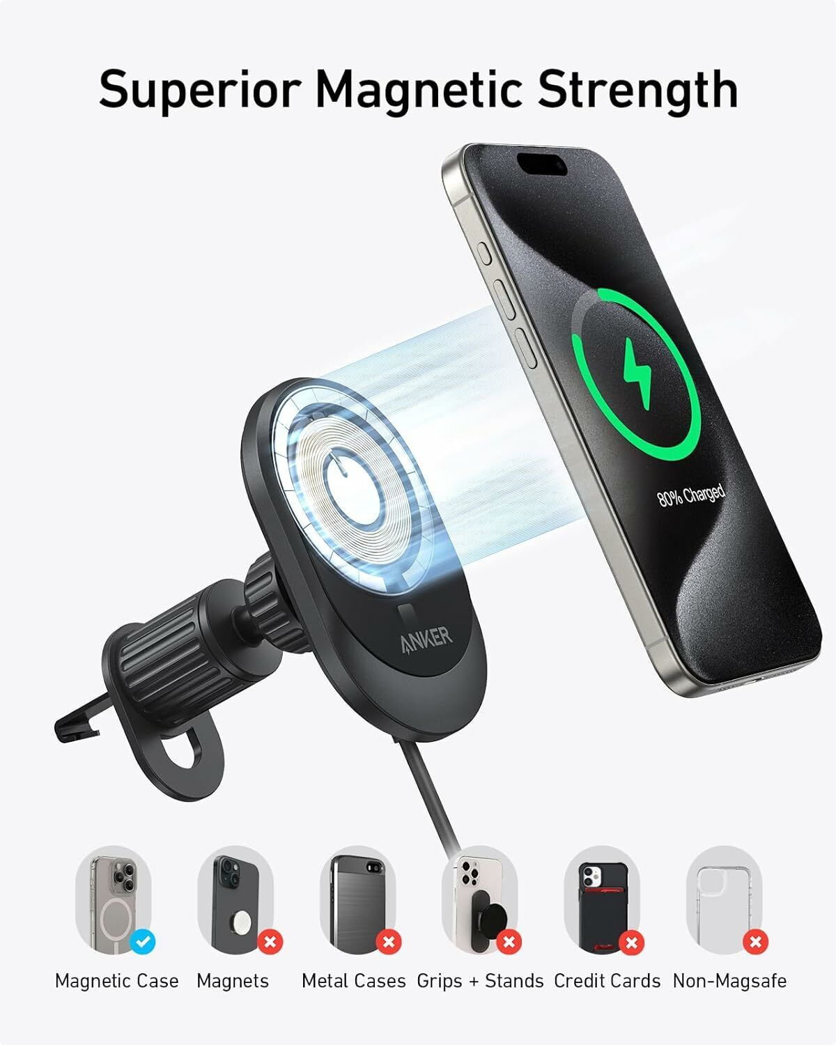 Auto punjač Anker MagGo, 15W, 1.67A, Crni B2932G11