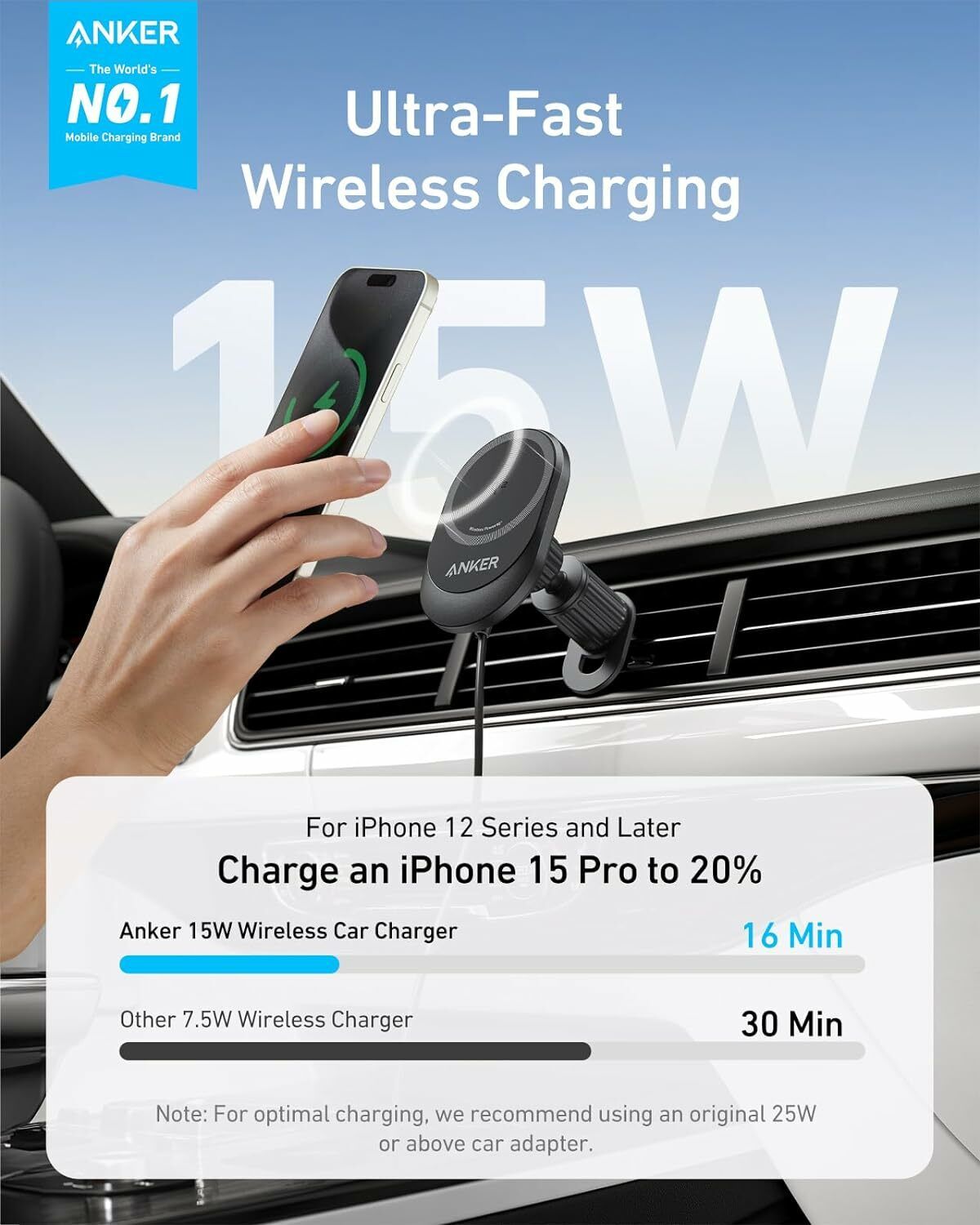 Auto punjač Anker MagGo, 15W, 1.67A, Crni B2932G11