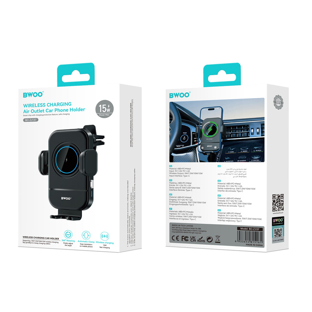 Bežični auto punjač BWOO ZJ137, 15W, 1.67A, Crna