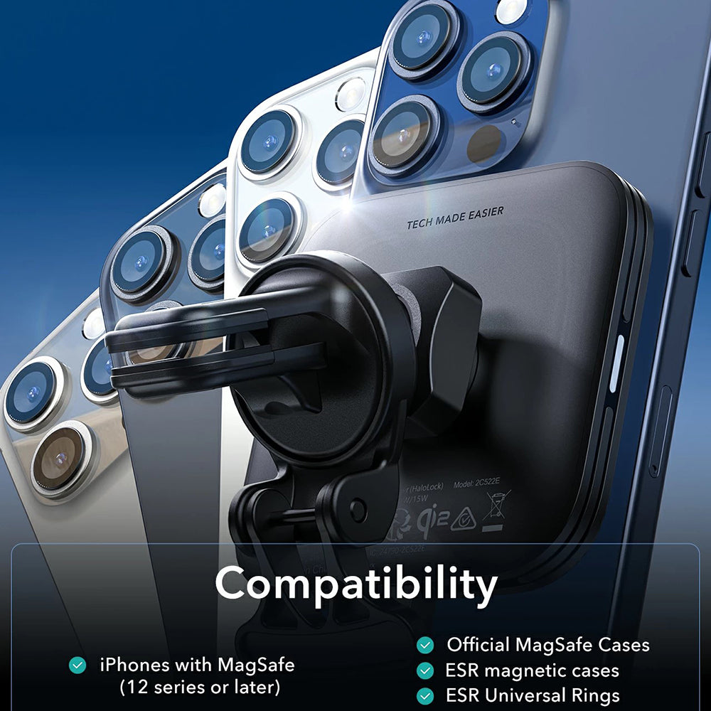 Bežični auto punjač ESR HaloLock Vent, 15W, 1.67A, Crni