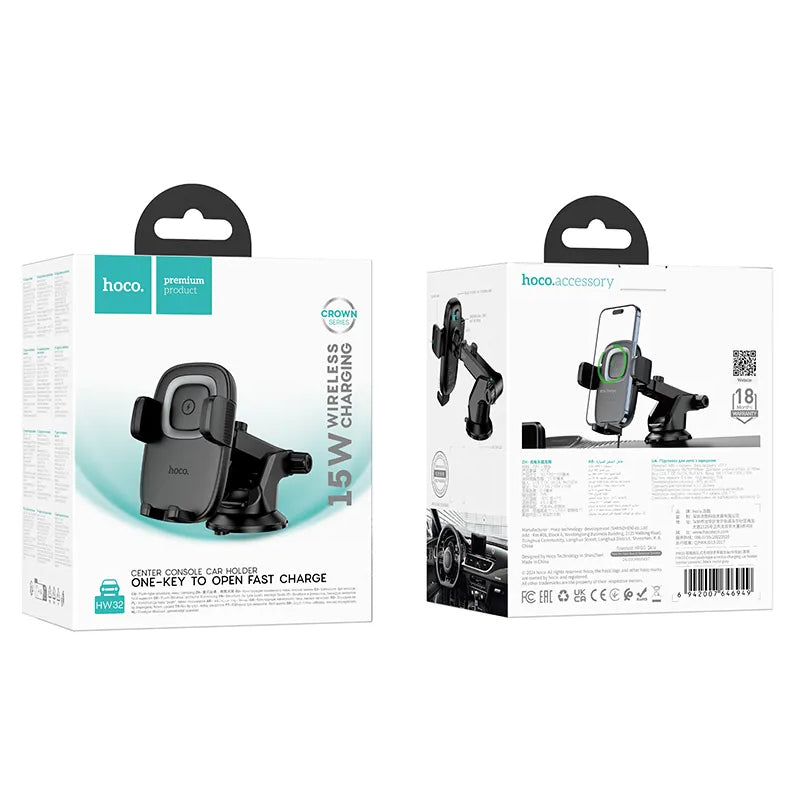 Bežični auto punjač HOCO HW32, 15W, 1.67A, Crni