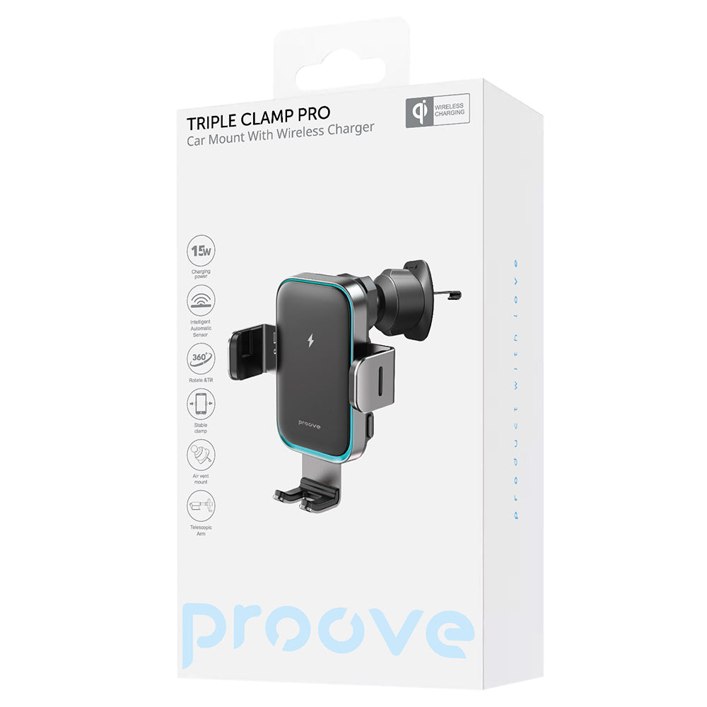Incarcator Auto Wireless Proove Triple Clamp Pro, 15W, 1.67A, Sivi WHTP15010004