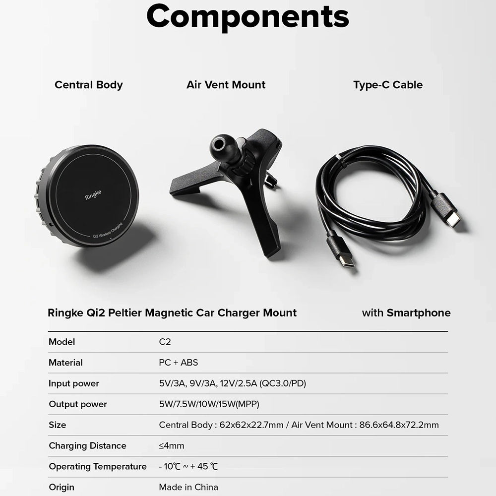 Bežični auto punjač Ringke, 15W, 1.67A, Crni