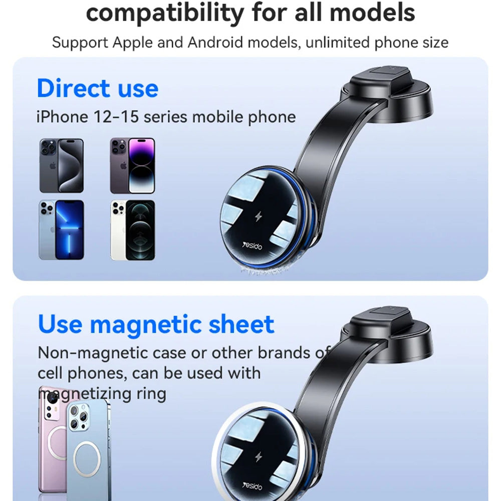 Bežični auto punjač Yesido C311, 15W, 1.67A, Crni