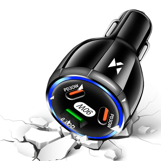Car Charger WZK WCCCA, 90W, 3A, 1 x USB-A - 2 x USB-C, Black 