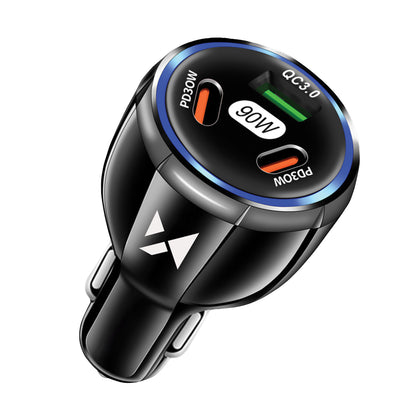 Auto punjač WZK WCCCA, 90W, 3A, 1 x USB-A - 2 x USB-C, Crni
