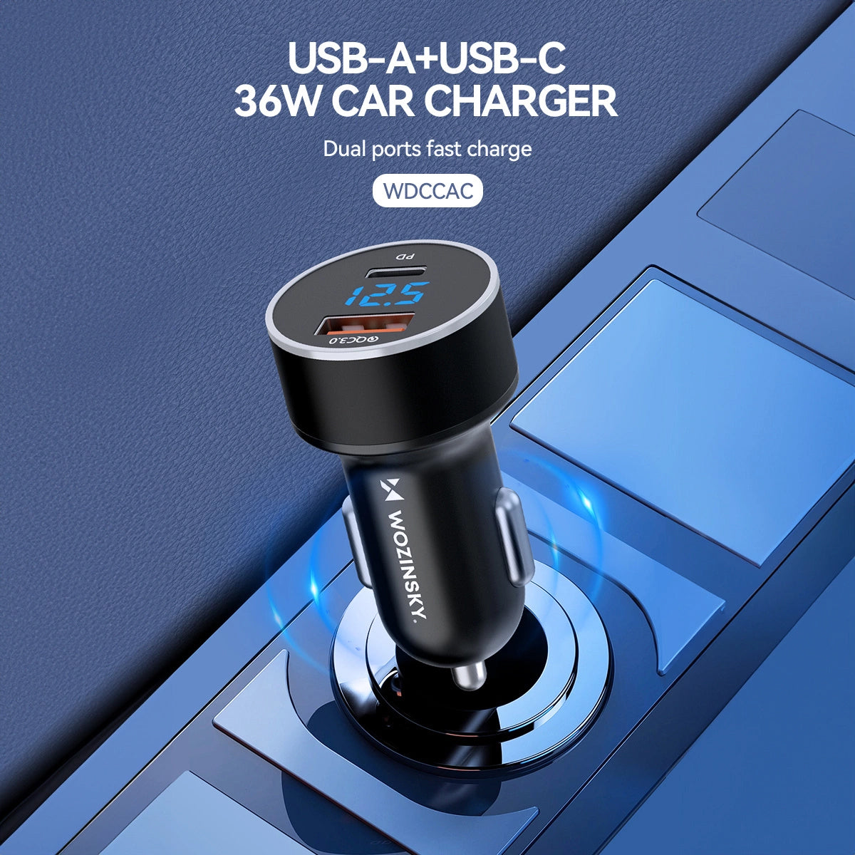 Auto punjač WZK WDCCAC, 36W, 3A, 1 x USB-A - 1 x USB-C, Crni