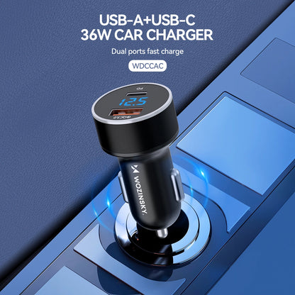 Auto punjač WZK WDCCAC, 36W, 3A, 1 x USB-A - 1 x USB-C, Crni