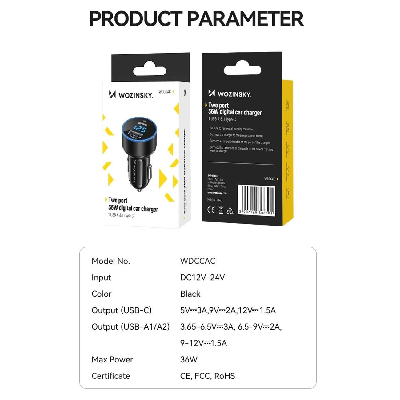 Auto punjač WZK WDCCAC, 36W, 3A, 1 x USB-A - 1 x USB-C, Crni