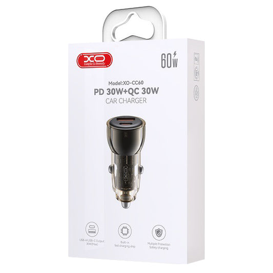 Car Charger XO Design CC60, 60W, 3A, 1 x USB-A - 1 x USB-C, Black 