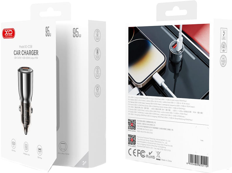 Auto punjač XO Design CC58, 95W, 3.25A, 1 x USB-A - 1 x USB-C, Crni