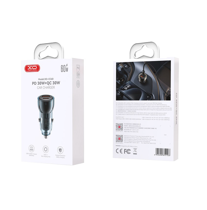 Auto punjač XO Design CC60, 60W, 3A, 1 x USB-A - 1 x USB-C, Plavi