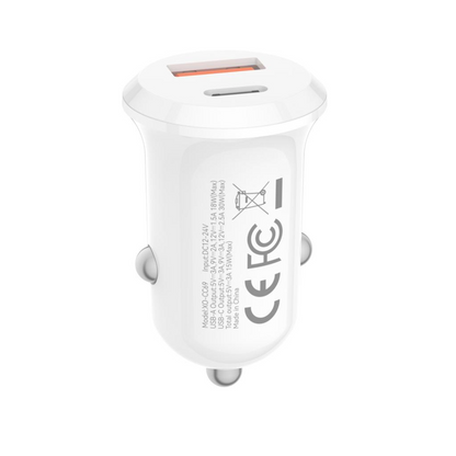 Auto punjač XO Design CC69, 30W, 3A, 1 x USB-A - 1 x USB-C, Beli