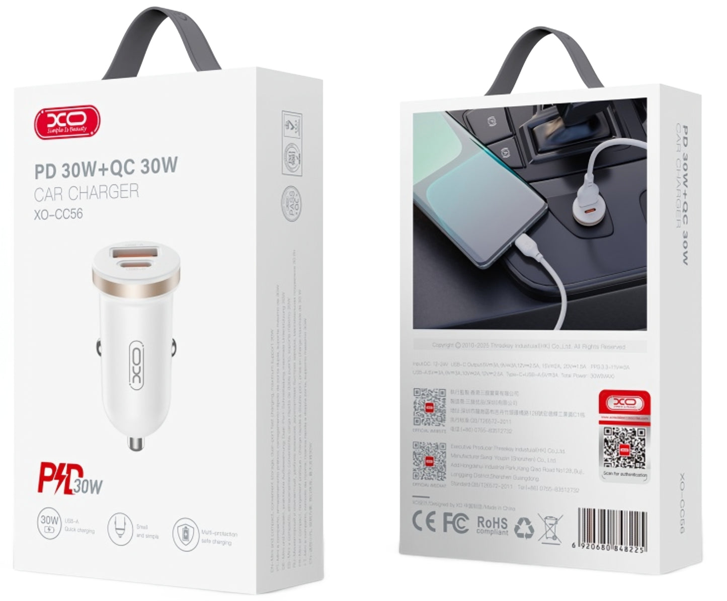 Auto punjač XO Design CC56, 30W, 3A, 1 x USB-A - 1 x USB-C, Beli