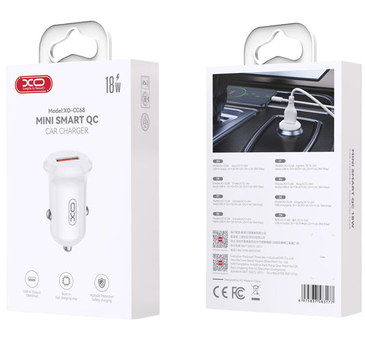 Auto punjač XO Design CC68, 18W, 3A, 1 x USB-A, Beli