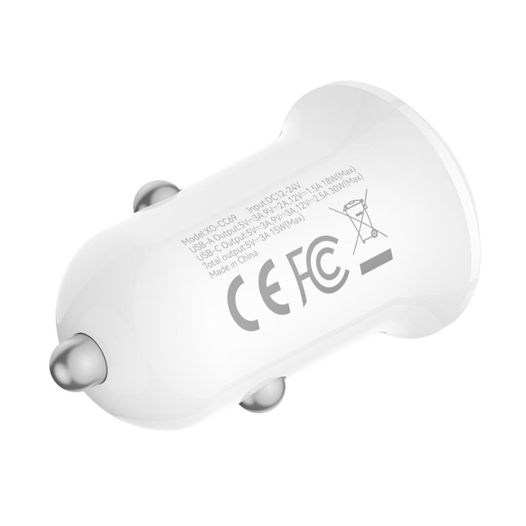 Auto punjač XO Design CC69, 30W, 3A, 1 x USB-A - 1 x USB-C, Beli