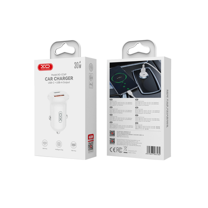Auto punjač XO Design CC69, 30W, 3A, 1 x USB-A - 1 x USB-C, Beli