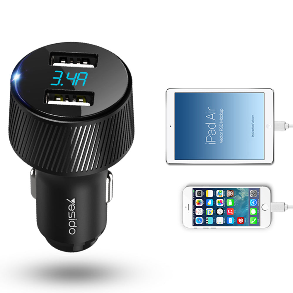 Auto punjač Yesido Y31 Display, 18W, 3A, 2 x USB-A, Crni