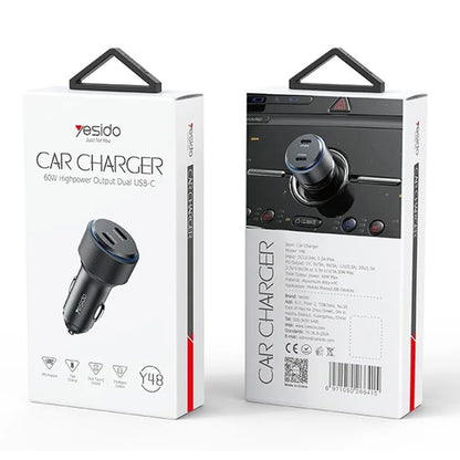 Auto punjač Yesido Y48, 60W, 3A, 2 x USB-C, Crni
