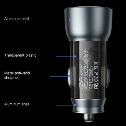 Auto punjač Yesido Y49, 30W, 3A, 1 x USB-A - 1 x USB-C, Sivi