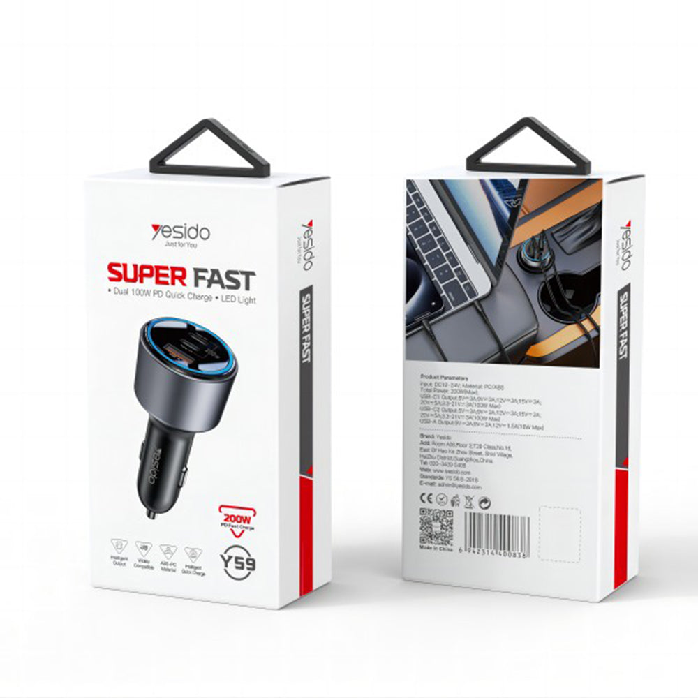 Auto punjač Yesido Y59, 200W, 5A, 1 x USB-A - 2 x USB-C, Crni