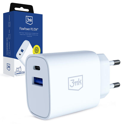 Punjač za mrežu 3MK FlowPower, 25W, 1 x USB-A - 1 x USB-C, Bela