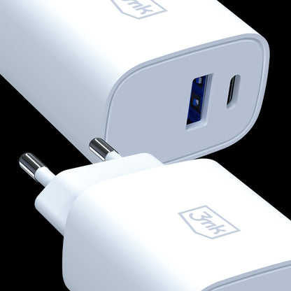 Punjač za mrežu 3MK FlowPower, 25W, 1 x USB-A - 1 x USB-C, Bela