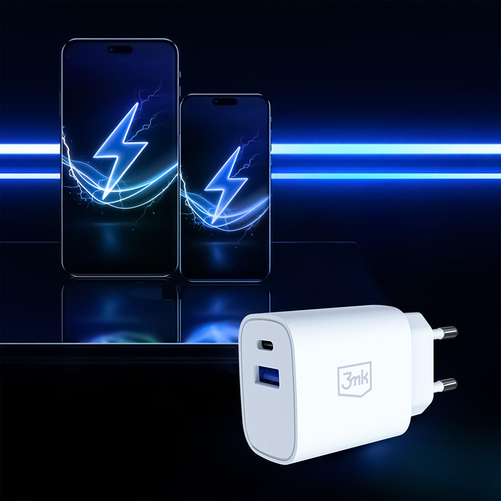 Punjač za mrežu 3MK FlowPower, 25W, 1 x USB-A - 1 x USB-C, Bela