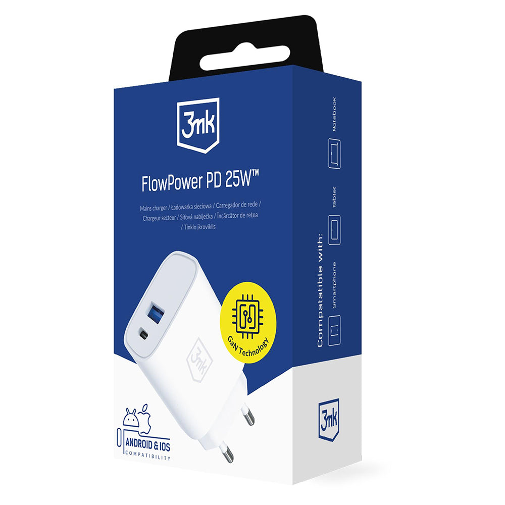 Punjač za mrežu 3MK FlowPower, 25W, 1 x USB-A - 1 x USB-C, Bela