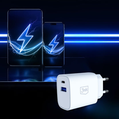 Punjač za mrežu 3MK FlowPower, 30W, 1 x USB-A - 1 x USB-C, Bela