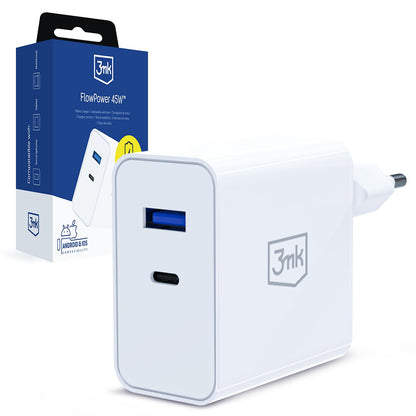 Punjač za mrežu 3MK FlowPower, 45W, 1 x USB-A - 1 x USB-C, Bela