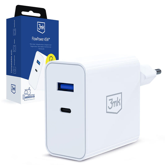 Punjač za mrežu 3MK FlowPower, 45W, 1 x USB-A - 1 x USB-C, Bela